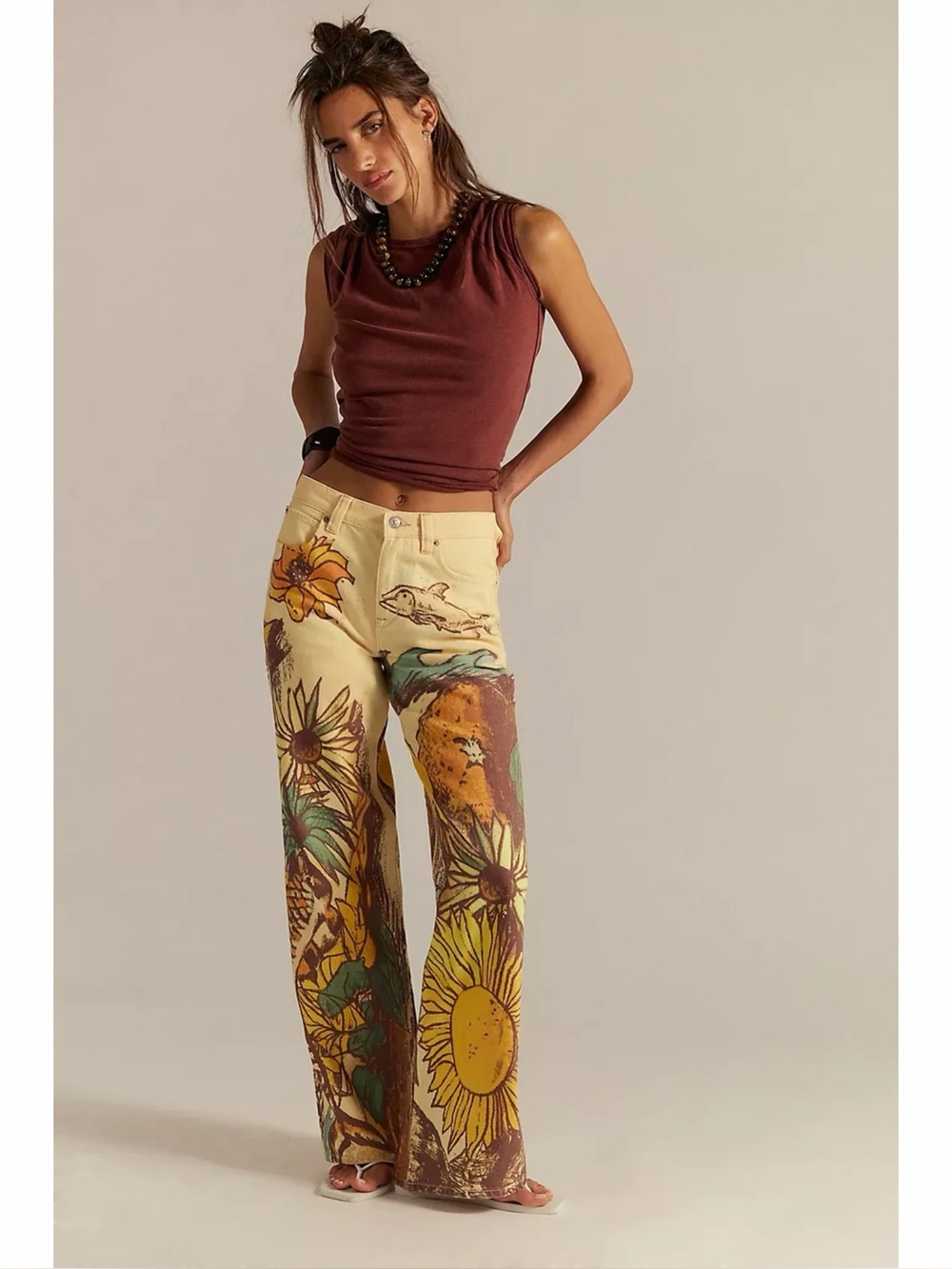 NWT Free People We The Free Tinsley Beach Scene Yellow Straight Leg Jeans